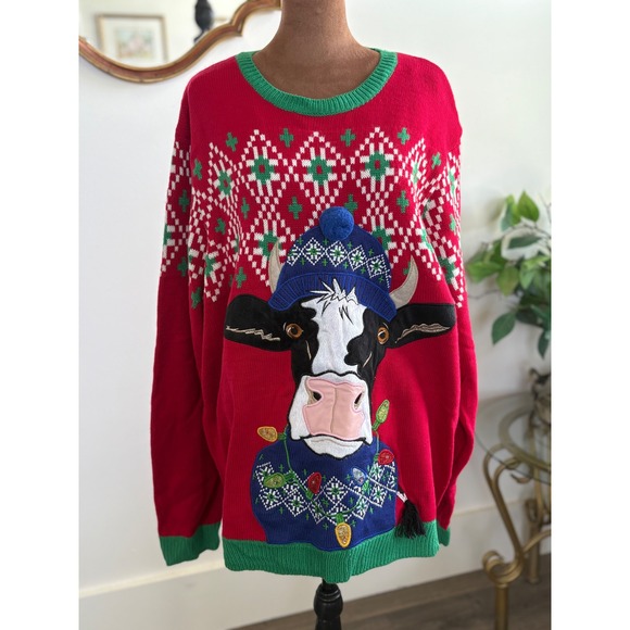Holiday Cow Christmas Sweater Novelty Graphic Pullover Crewneck 2XL - Picture 1 of 4